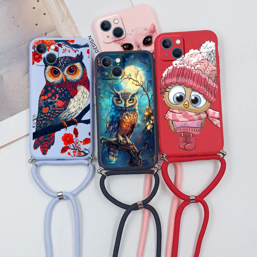 Funda con correa cruzada de búho bonito para iPhone 15 13 14 12 11 Pro Max Mini XS XR X 6 6s 8 7 Plus funda de silicona mate