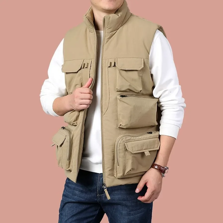 2024 New Men\'s Cargo Vest Winter Thick Fleece Warm Sleeveless Jacket Solid Color Tactical Coat Men Pockets Work Waistcoat 6XL