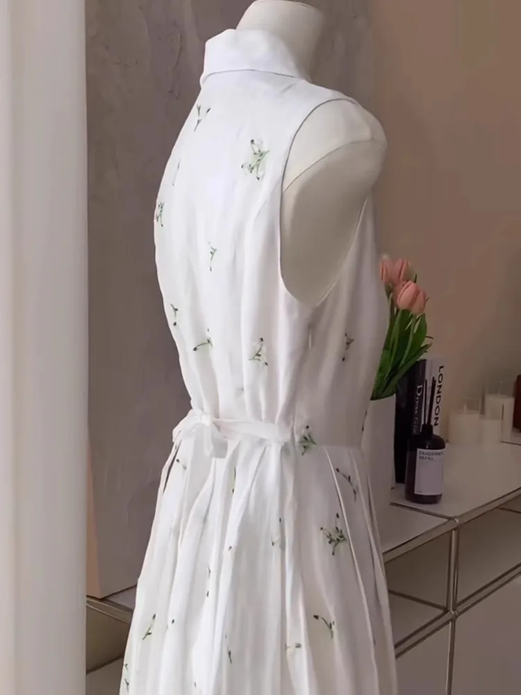 White Floral Vest Dr Women's Summer 2025 New Beach Vaion High Waist A-Line Midi Skirt French Sle No Sve Zipper Ba