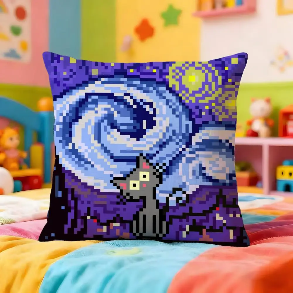 Retro Pixel Cat Cushion Cover Premium Soft Pillowcase Skin-Friendly Breathable Multi-Purpose for Home Office Travel