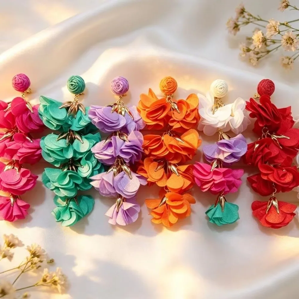 Ethnic Style Tassel Earrings Exaggerated Style Colorful Design Flower Earrings Tassel Detail Clip On Closure Clip On Earrings
