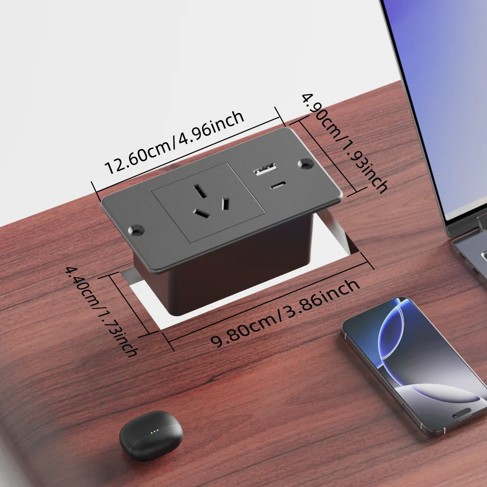 1500W Small Recessed Power Strip with Surge Protector and USB AU Standard Flush Mount Desk Cord Hidden Charging Station Black
