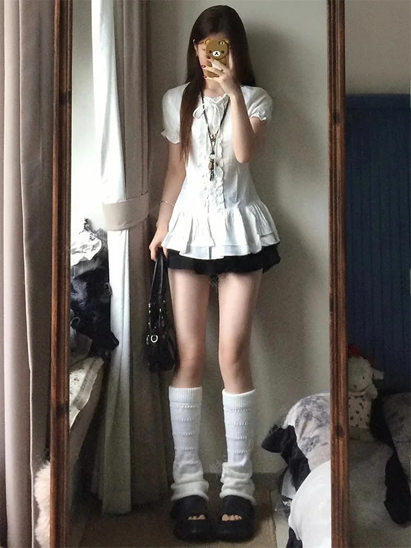 

Retro Korean Style Short Sleeve Shirt Women's Slim Fit Blouse with Ruffle Detail Summer White Splice Doll Shirt Top