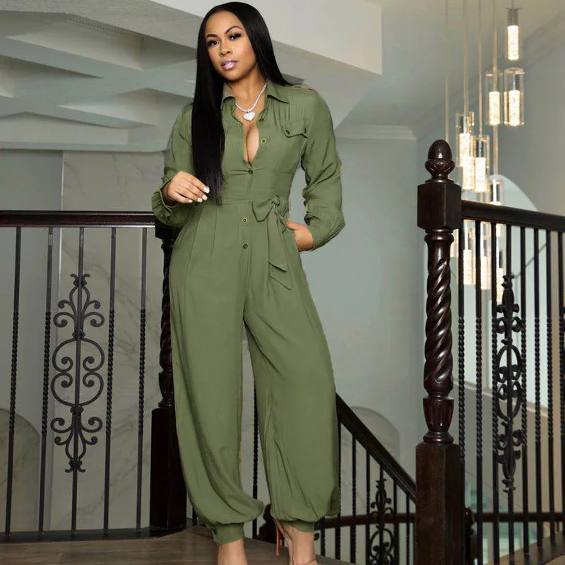 

Streetwear Casual Jumpsuits Women Long Sleeve Turn-down Collar Button Sporty Outfits One Piece Overalls Ribbon Fitness Rompers