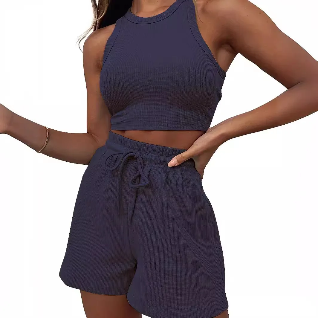 Frauen 2025 Sommer Neue Ärmellose Waffel Anzug Einfarbig Weste Mode Lässig Kurze 2 stück Anzug Ensemble Femme 2 stück Été