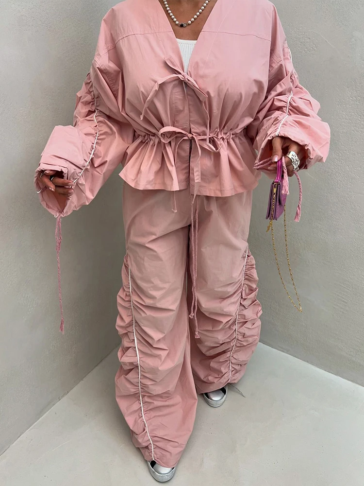 kliou Shirring Matching 2 Piece Set Women Casual Tracksuits New Ruffle Bandage Tops+Elastic Oversized Pants Female Activewear