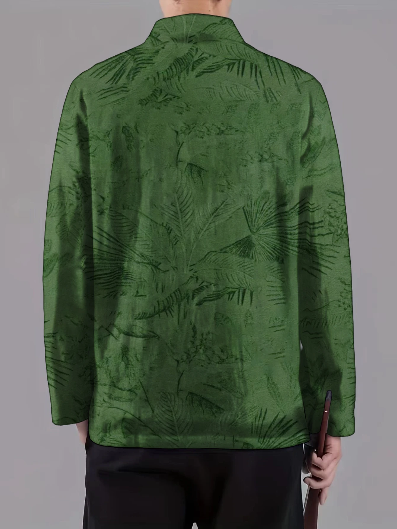 Men Mandarin Collar Frog Button Jacket Marble Palm Check Floral Art Print Traditional Outerwear