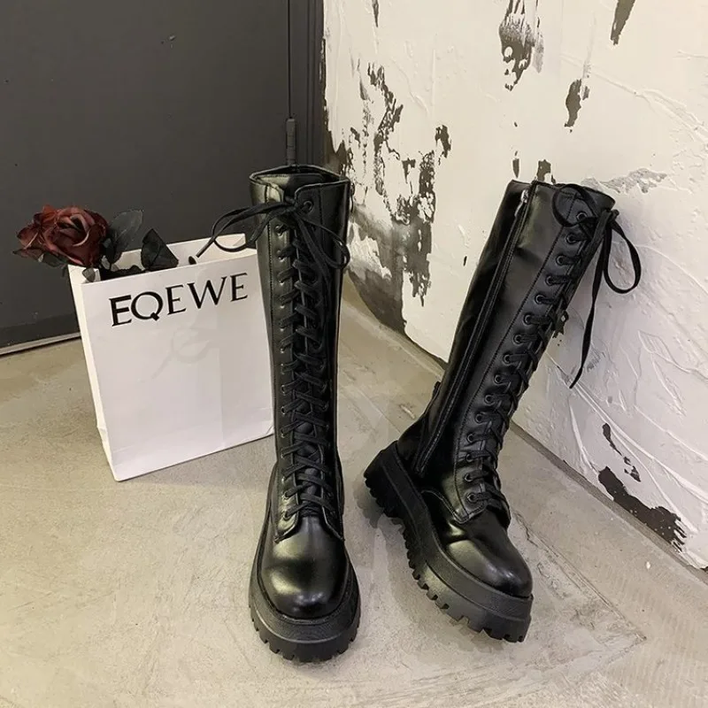 Chunky Platform Women Long Boots Pu Leather Knee High Boots Women Punk Female Lace Up Booties Mujer 2024 Chelsea Women Shoes