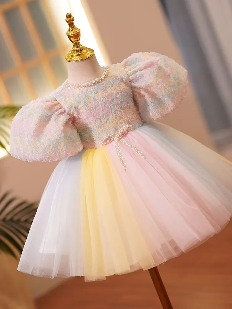 Robe de Rhflorale 3D pour filles arc-en-ciel espagnoles, robes de princesse pour enfants, robe de fête d'anniversaire pour bébé, vêtements de boutique pour enfants