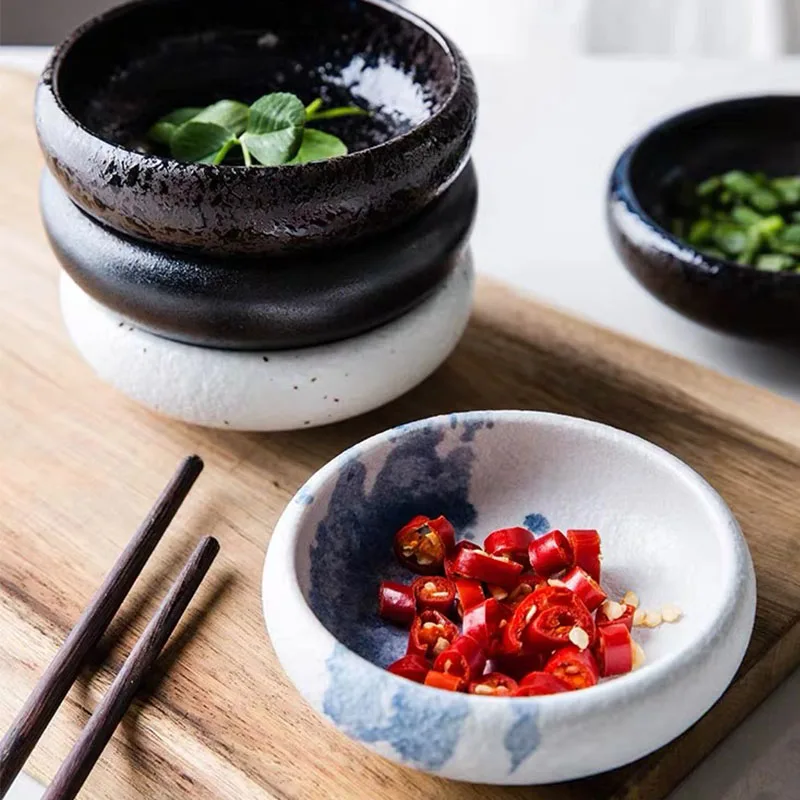 KINGLANG 1PCS Ceramic Japanese Style Retro Small Round Sauce Dish Bowl