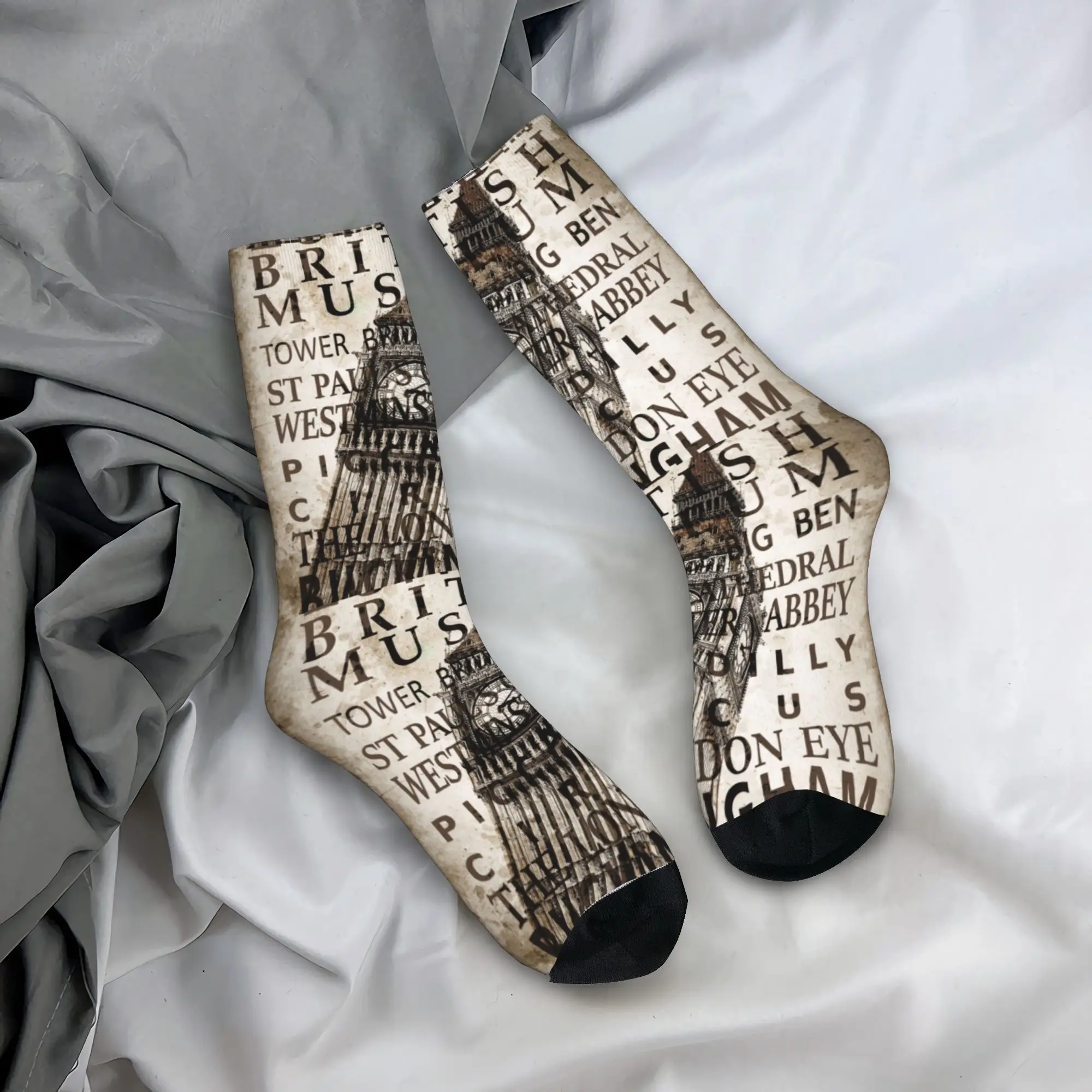 

Crazy Design London Vintage Poster Basketball Socks Big Ben British English Letters UK Polyester Long Socks Breathable,