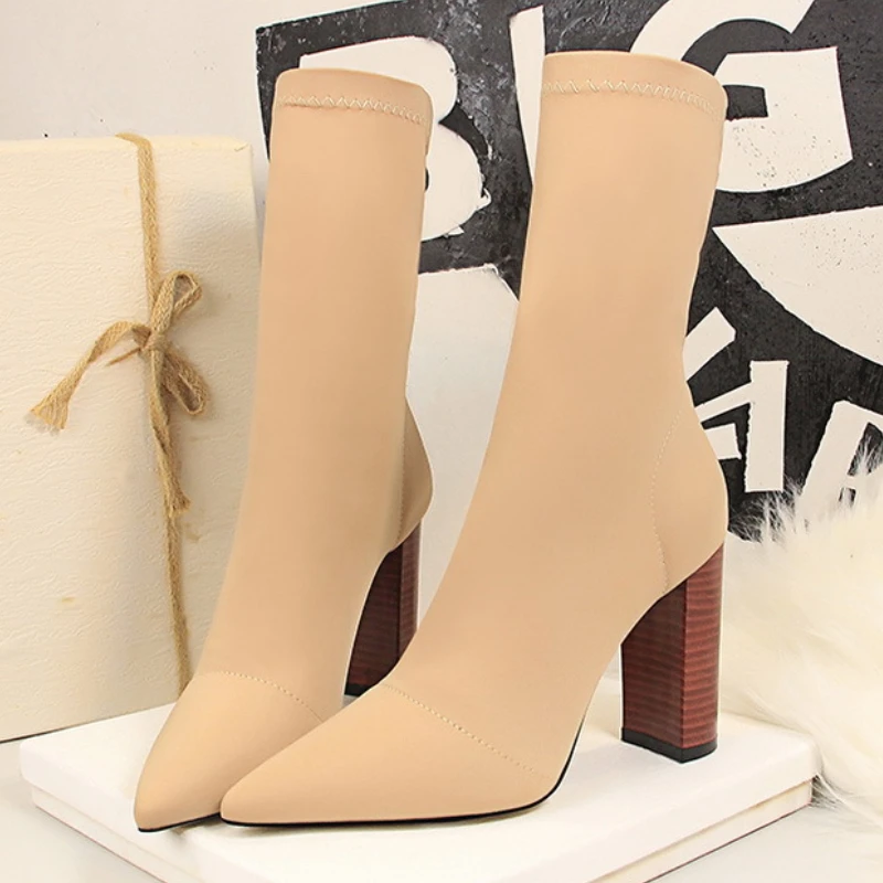 Sexy High Heel Sock Boots Women Mid-Calf Boots Pointed Stretch Fabric Thin Heeled Women Boots Autumn Winter Shoes Female Booties