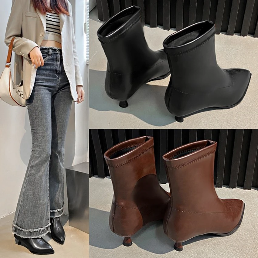 Women's round Head Thick Bottom Short Boots 2024 Autumn and Winter New High Heel Black Real Leather Slip-on Fashion Single Boots