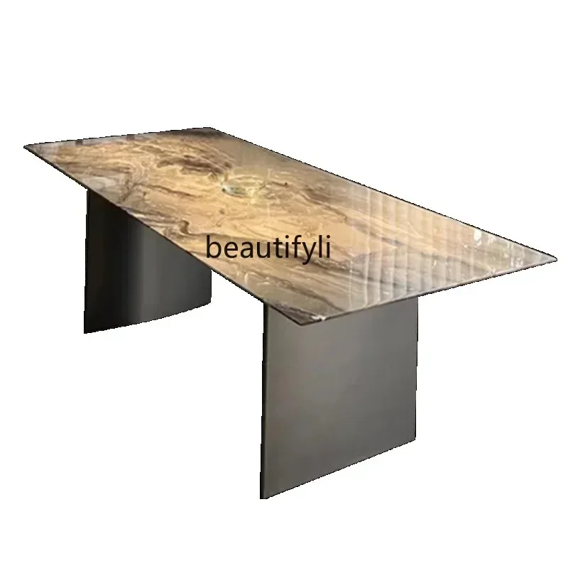 32Imported Venice brown natural marble dining table high-end light luxury white gold sand suspended square table