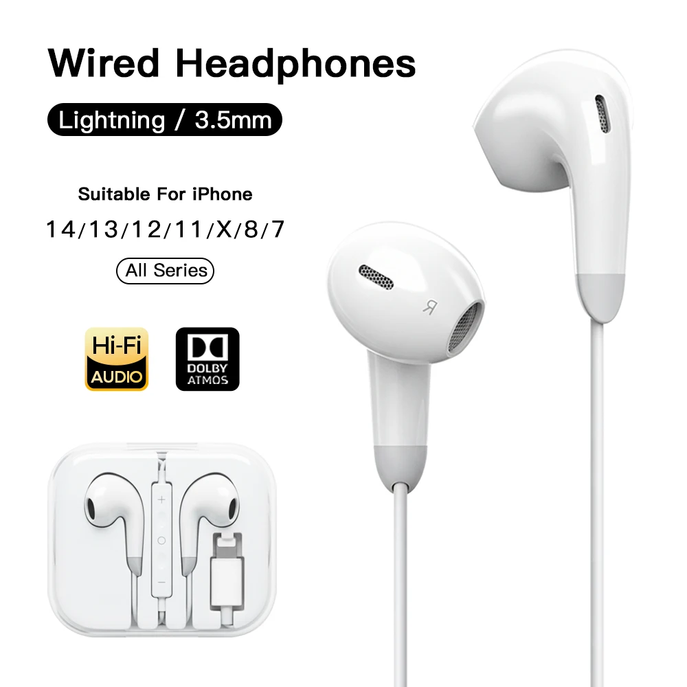 سماعات رأس سلكية لايتنينج لهاتف آيفون 14 13 12 11 Pro Max X XS XR 8 Plus 3.5 مللي متر HiFi Bass سماعات صوت ستيريو داخل الأذن