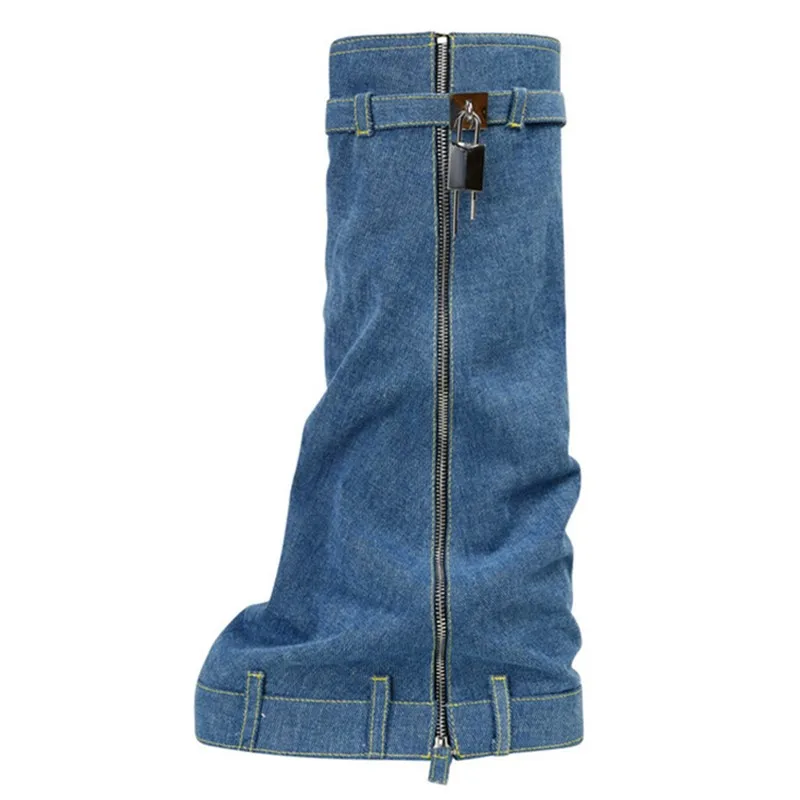 Bottes à plateforme en métal pour femmes, fermeture éclair, mi-mollet, compensées, style punk, chaussures pour femmes, tendance, grande taille, serrure, 2024