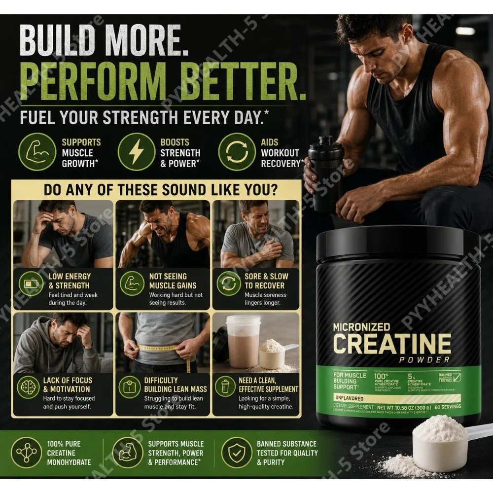 Creatine Monohydrate Powder Unflavored 300g, 5g Per Serving 60 Servings, Daily Workout Nutrition Support for Adults