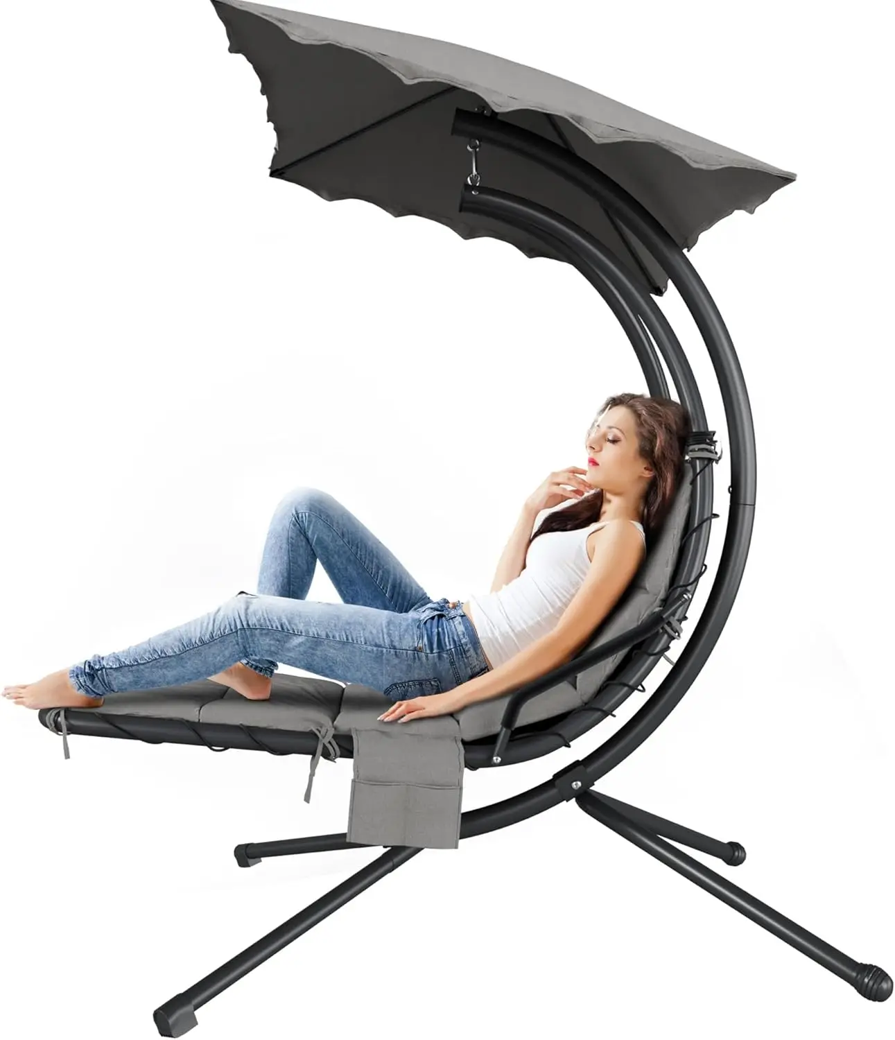 

Chaise Lounger Swing Chair with Umbrella Canopy, Patio Hanging Chair with Stand, Curved Steel Outdoor Lounge Chair