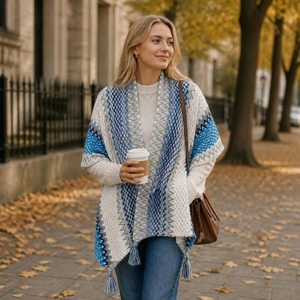 Striped Pattern Knit Poncho Cape Oversized Long Tassel Shawl Wrap Cardigan Ethnic Print Warm Tassel Knit Shawl Autumn Winter