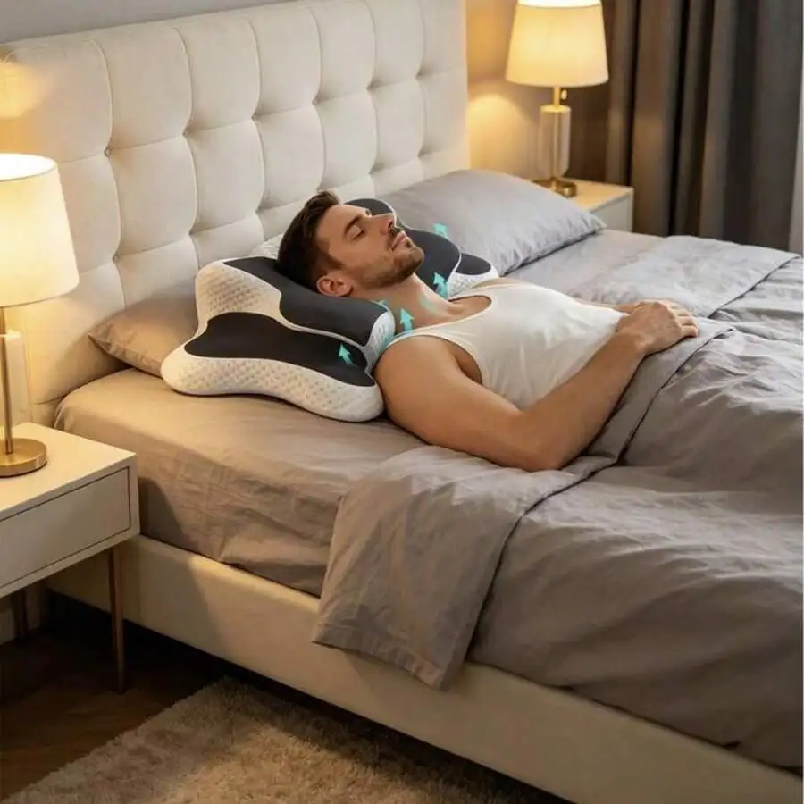 Ergonomic Memory Foam Butterfly Neck Pillow With C-Shaped/Dual Height Adjustment, Transparent Protective Cover Support, Suitable