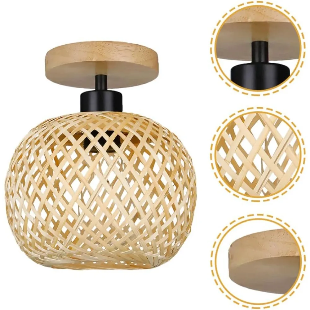 Rustic Bamboo Ceiling Light Flush Mount Lampshade Hand Woven Indoor Light Fixtures  Ceiling Lamp for Living Room Dining Room