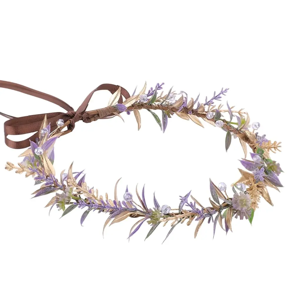 

Purple Flower Crown Headband, Handmade Fairy Floral Headband with Gold Leaf, Adjustable Renaissance Floral Headpiece for Wome