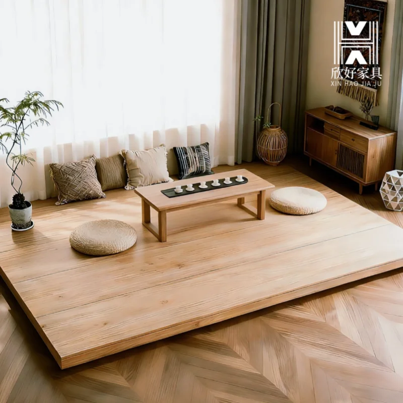 All solid wood tatami bed and breakfast floor bed living room bedroom balcony floor bed board wabi sandy wind custom light strip