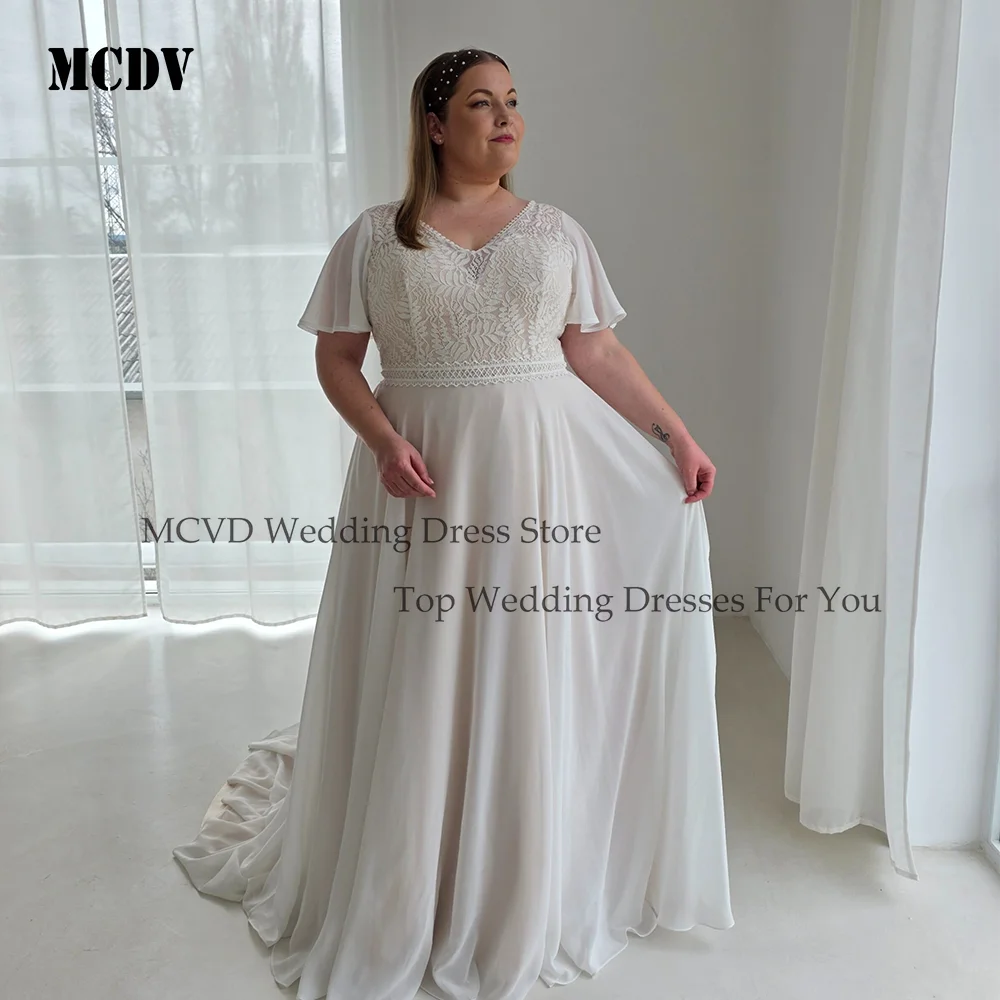 

MCDV Chiffon Civil Wedding Dresses Plus Size Women V-Neck Applique Short Sleeve vestido de novia Boho Bride Gowns Customized