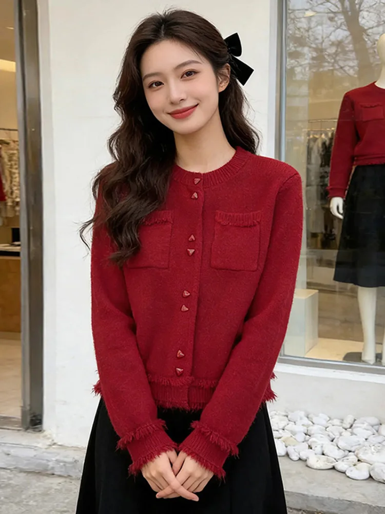 

Spring New Red Long Sve Knitted Sweater Women's Loose Base Layer irt Inner Wear Casual Sle Luxury Soft Fabric