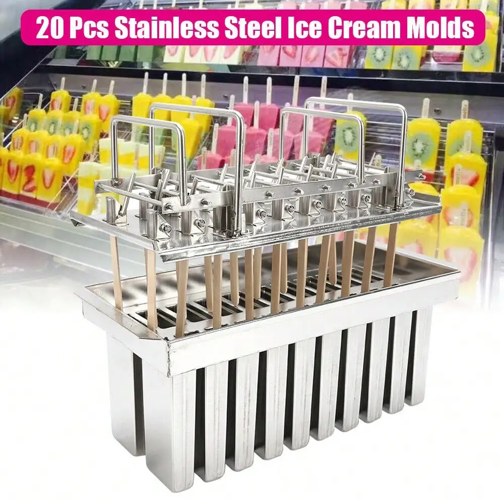 20X Ice Pop Molds Flat Head Flat Stainless Steel Ice Lolly Popsicle Stick Holder Ice Cream Maker With Cleaning Brush