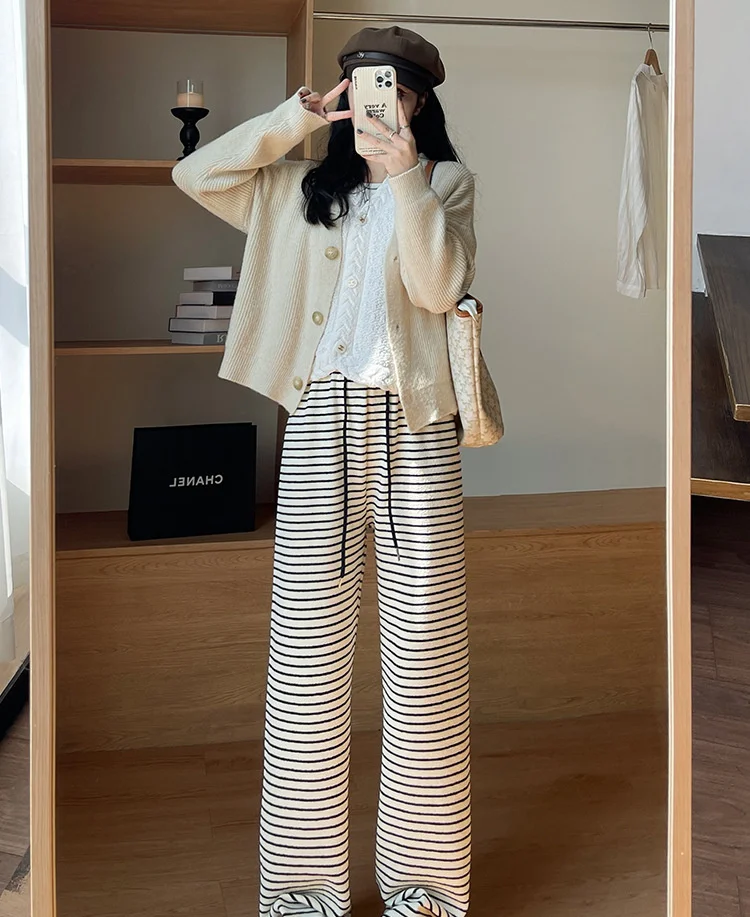 Pantaloni a gamba larga Nappa Elastico in vita Dritto da donna Estate Ultra-sottile Vestibilità regolare Stile occidentale Dolce romantico Vacanza universitaria