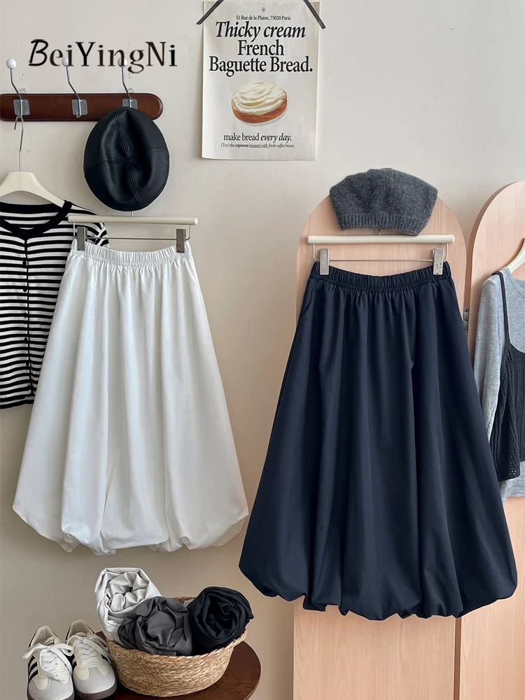 Spódnice midi Beiyingni damskie, długie, w kształcie litery A, jednokolorowe, nowa moda, codzienne, z wysokim stanem, spódnice typu \"bud skirt\" 2025, koreański krój rozkloszowany, faldas.
