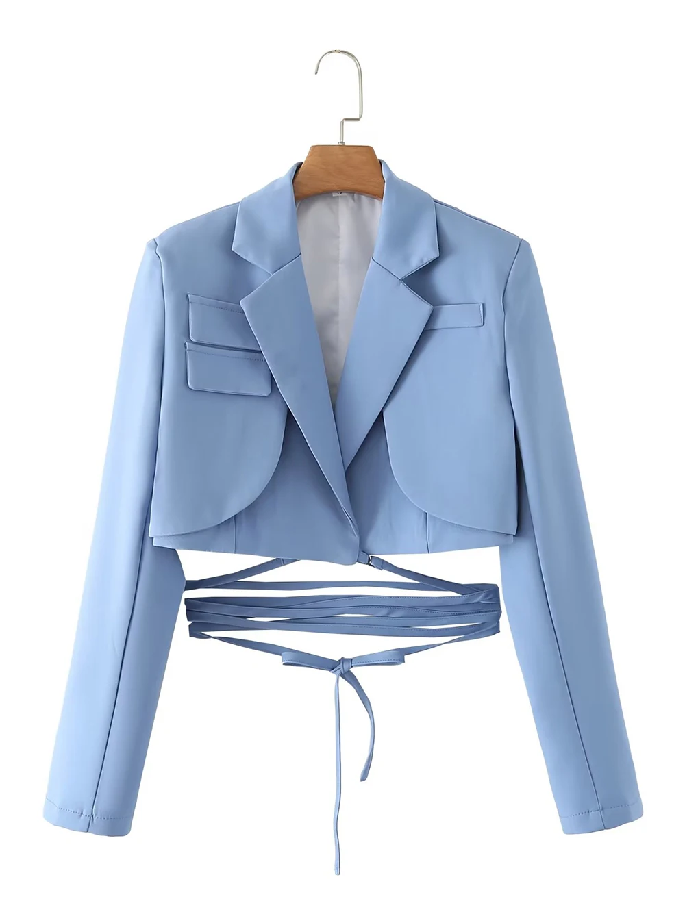 Marwin Women Blue Short Lace Up Blazer Coat Vintage Notched Collar Pocket 2023 Spring Fashion Female Casual Chic Tops