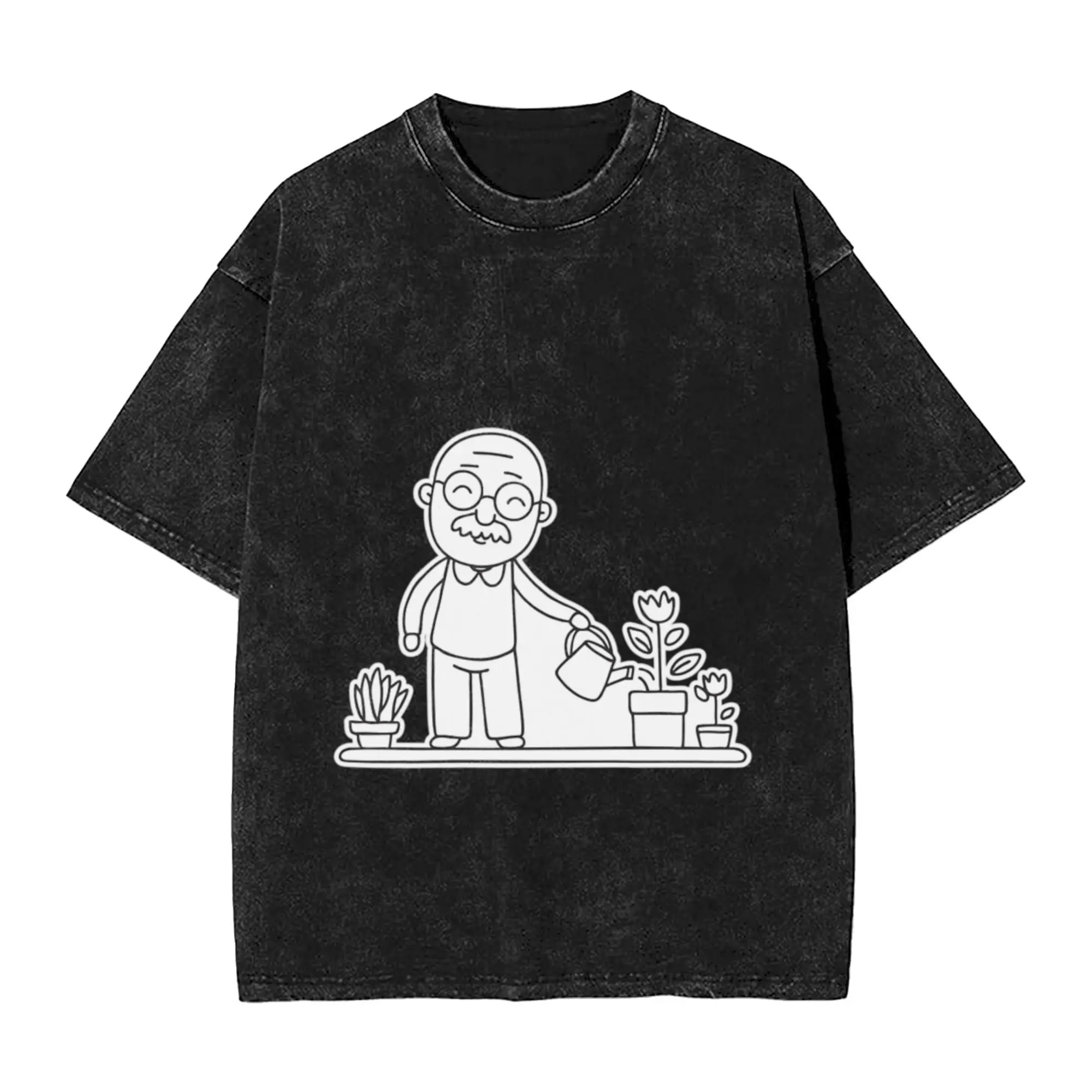 An uncle watering flowers while humming near potted plants Unique Comfort A T-Shirt Oversized Short Sleeve Cotton Tees Tops