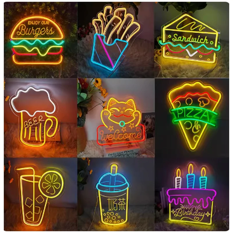 LED Neon Light com palavras luminosas, Burger Lamp, Stall Decoração Noite, Mercado, Ramen, Fried, Frango