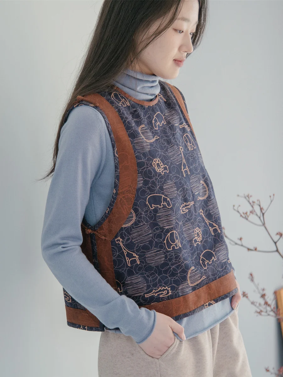 

Traditional Chinese Sle round Ne Buttoned Cotton Vest Silk Cloud antung Patchwork Thi ort Coat for Women