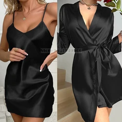 New Spring Summer Femake Robe Nightgown Sexy Mini Black Kimono Bathrobe Gown Sleepwear Loose Silk Satin Home Dress Lounge Wear