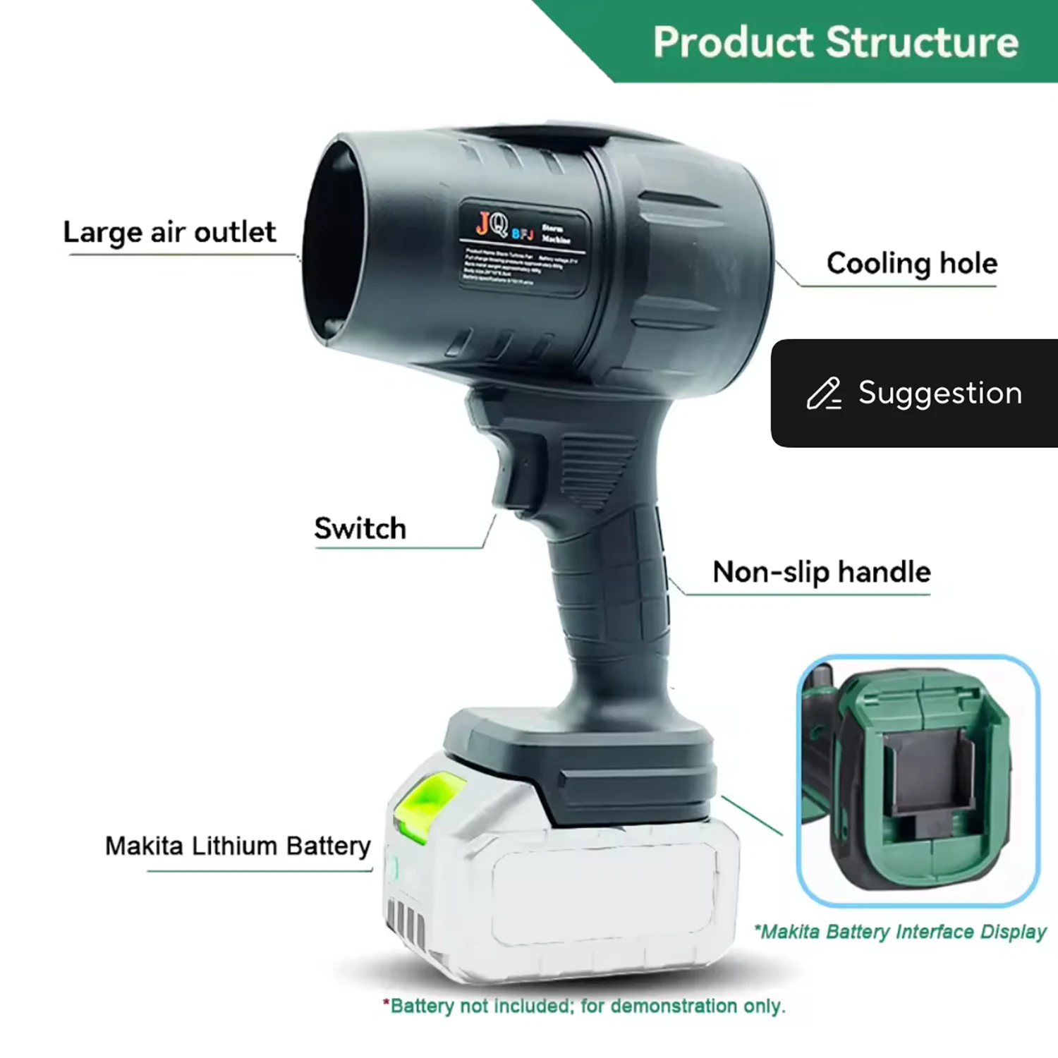 

Powerful Air Blower Turbo Fan with Thrust 550g to Cleaning Fallen Leaves, Snow and Sand Requires 18V Makita Battery