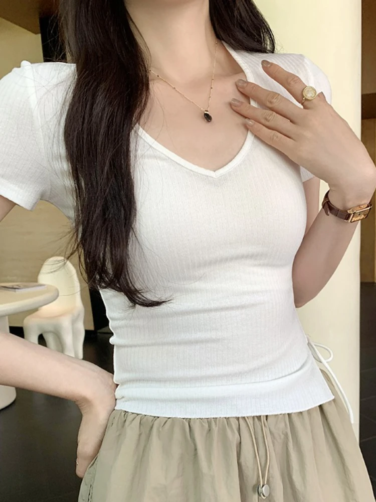 Trendy Casual Versatile Y2K Tee Split Tie V-neck Slim Short Sleeve Top 2026 Summer New Arrival Elegant Slimming Women T-shirts