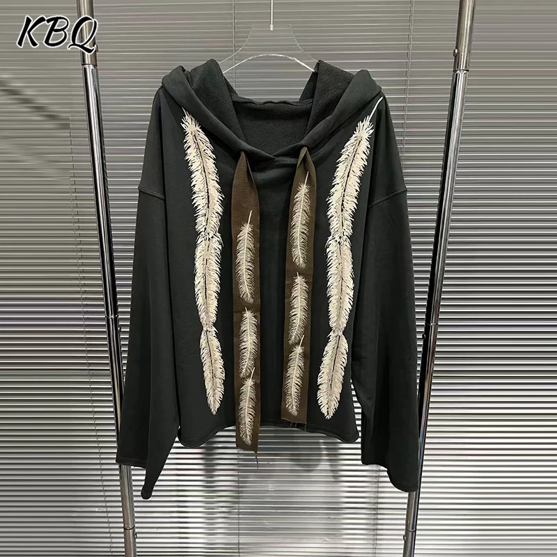 KBQ Hit Color Printing Loose Spliced Lace Up Sweatshirt for Women Hooded Long Sleeve Chic Casual Sweatshirts Female Fashion New