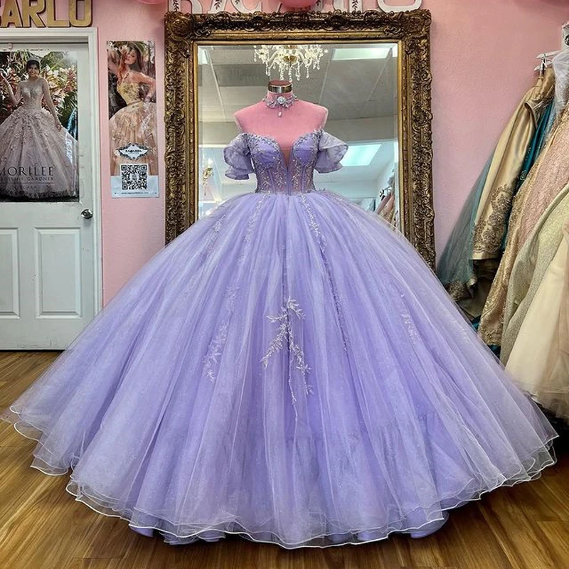 ANGELSBRIDEP-Vestidos de Quinceañera de cristal para niñas, Vestidos de tul con hombros descubiertos, apliques de encaje, fiesta de cumpleaños de princesa, 15 años