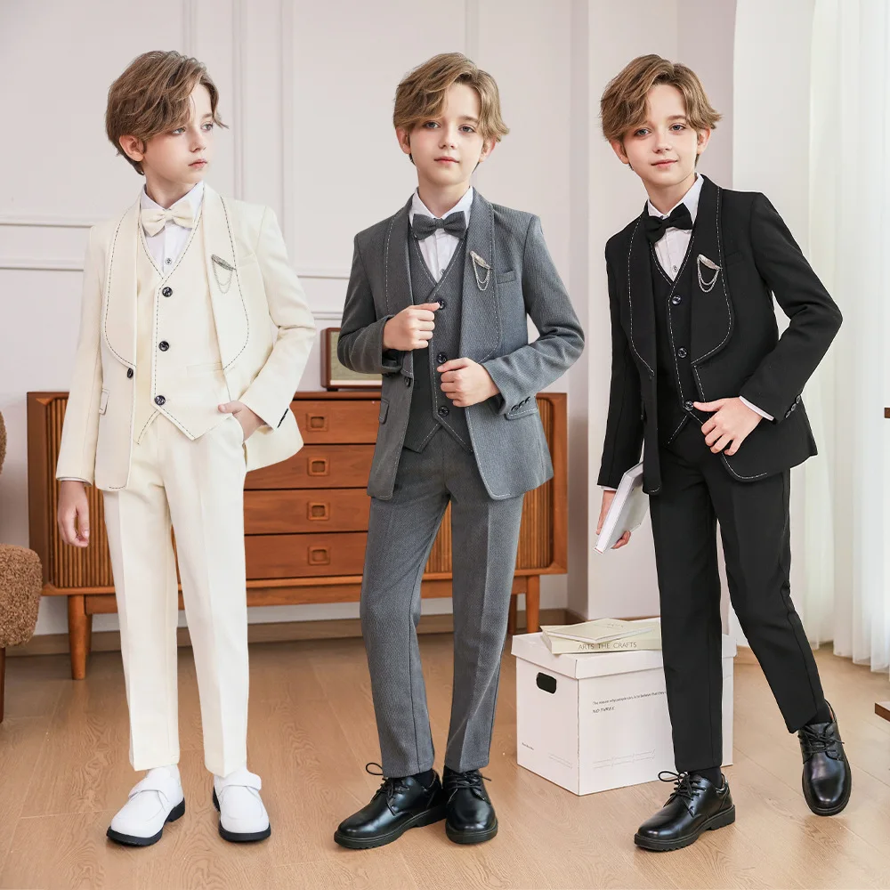 Kids Beige 5-Piece Set Jacket Vest Pants Brooch Bowtie Formal Clothing Ensemble for Boys Piano Performance Host Costume