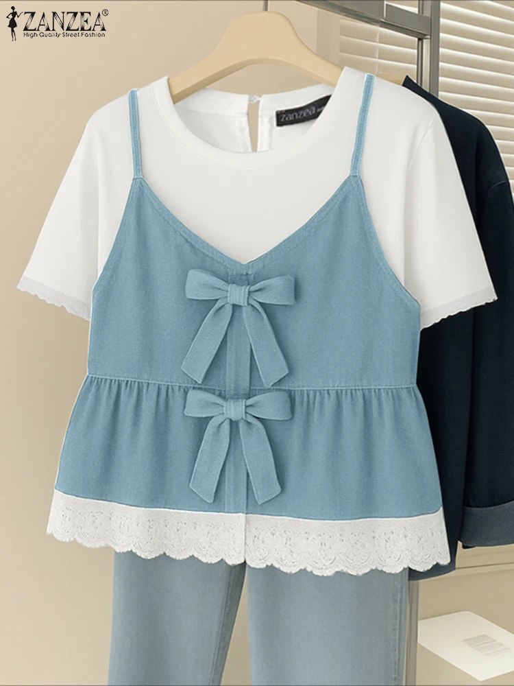 

ZANZEA Women T-Shirts Summer Short Sleeve Color Patchwork Tunic Tops 2025 Fashion Casual Korean Sweet Two Fake Tops Lace Blusas