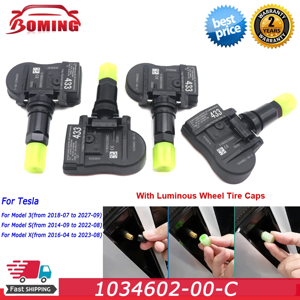 

1034602-00-C 4PCS New Car Tire Pressure Monitor Sensor 433MHz TPMS For Tesla Model S Model 3 Model X with luminous tire cap