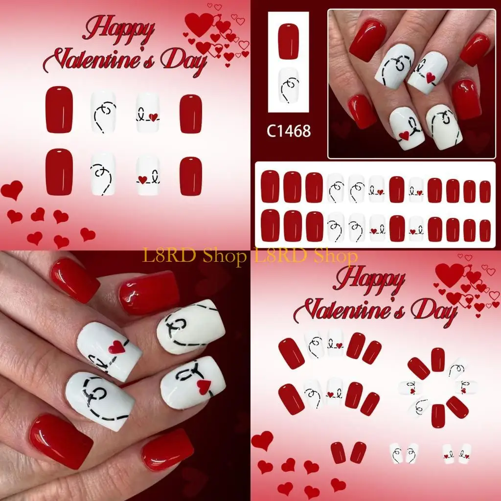 

L8RD 24Pcs Valentines Glossy Press On Red Heart Accents Easy Wear ABS Materials