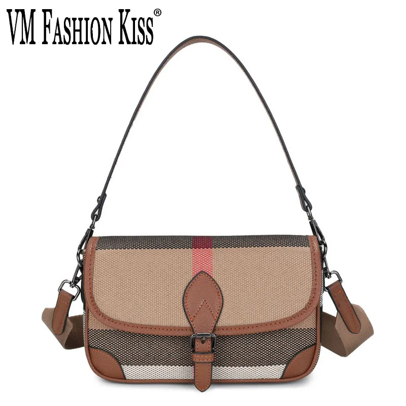 2024 Trend Women's Bag Canvas + Split Leather Fashion Underarm Bag Striped Shoulder Crossbody Handbags Hand Bags For Womans