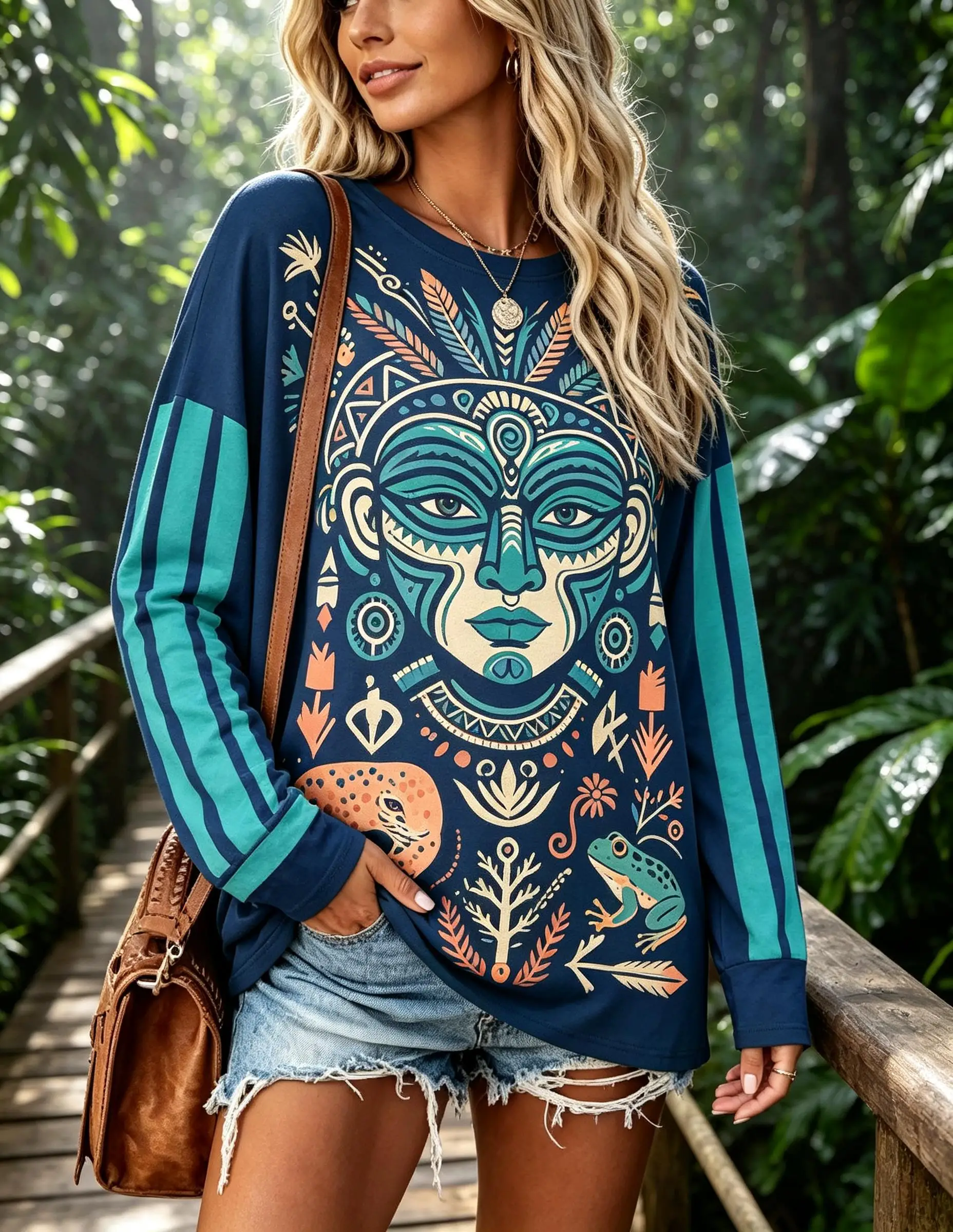 Women Crew Neck Long Sleeve T Shirt Tribal Mask Frog Jungle Print Oversized Loose Bohemian Casual Fall Top