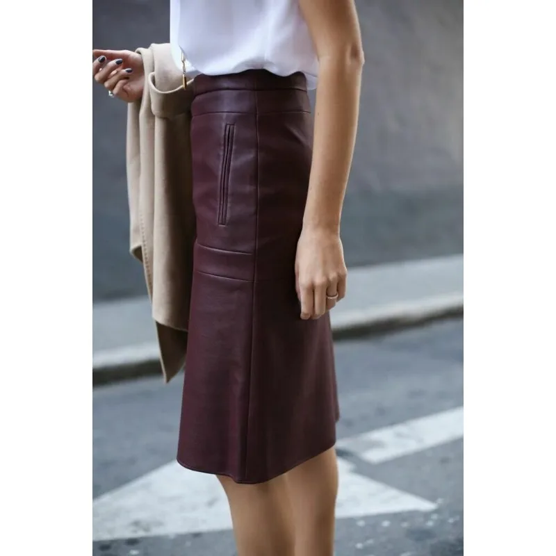 Women's Truly Elegant Genuine Leather Sheepskin Skirt with Knee Length Pockets and Soft Skirt