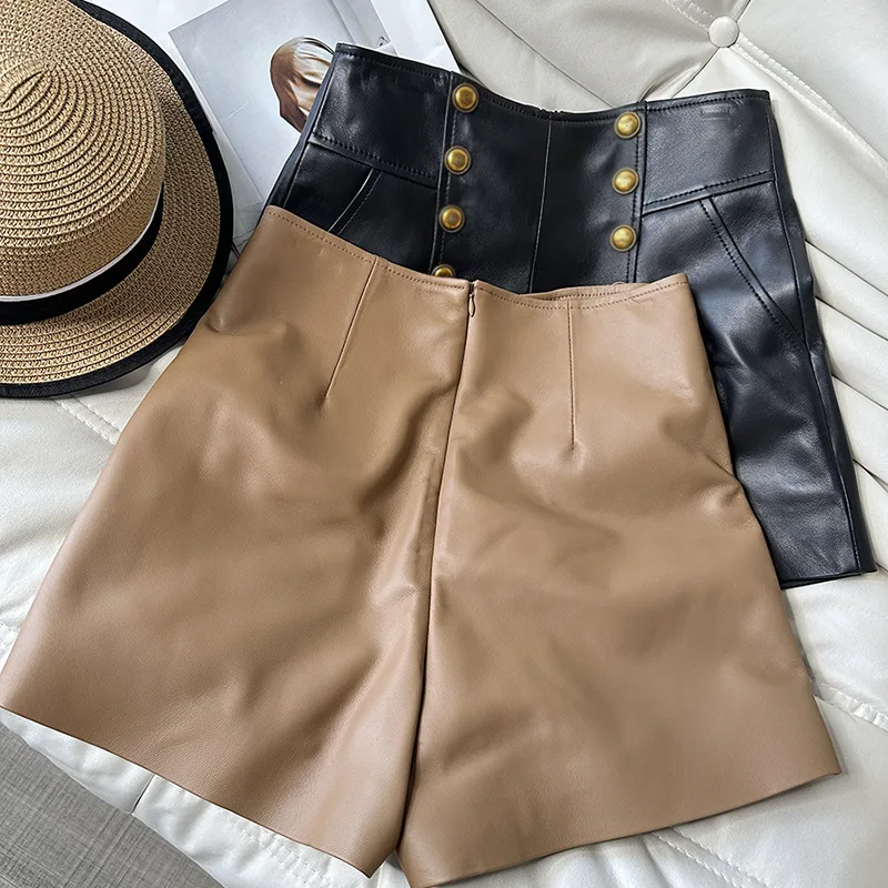 100% Real Leather Women's Shorts Fashion Streetwear Female High Waist Pockets Package Hip Genuine Sheepskin A-line Shorts 2025
