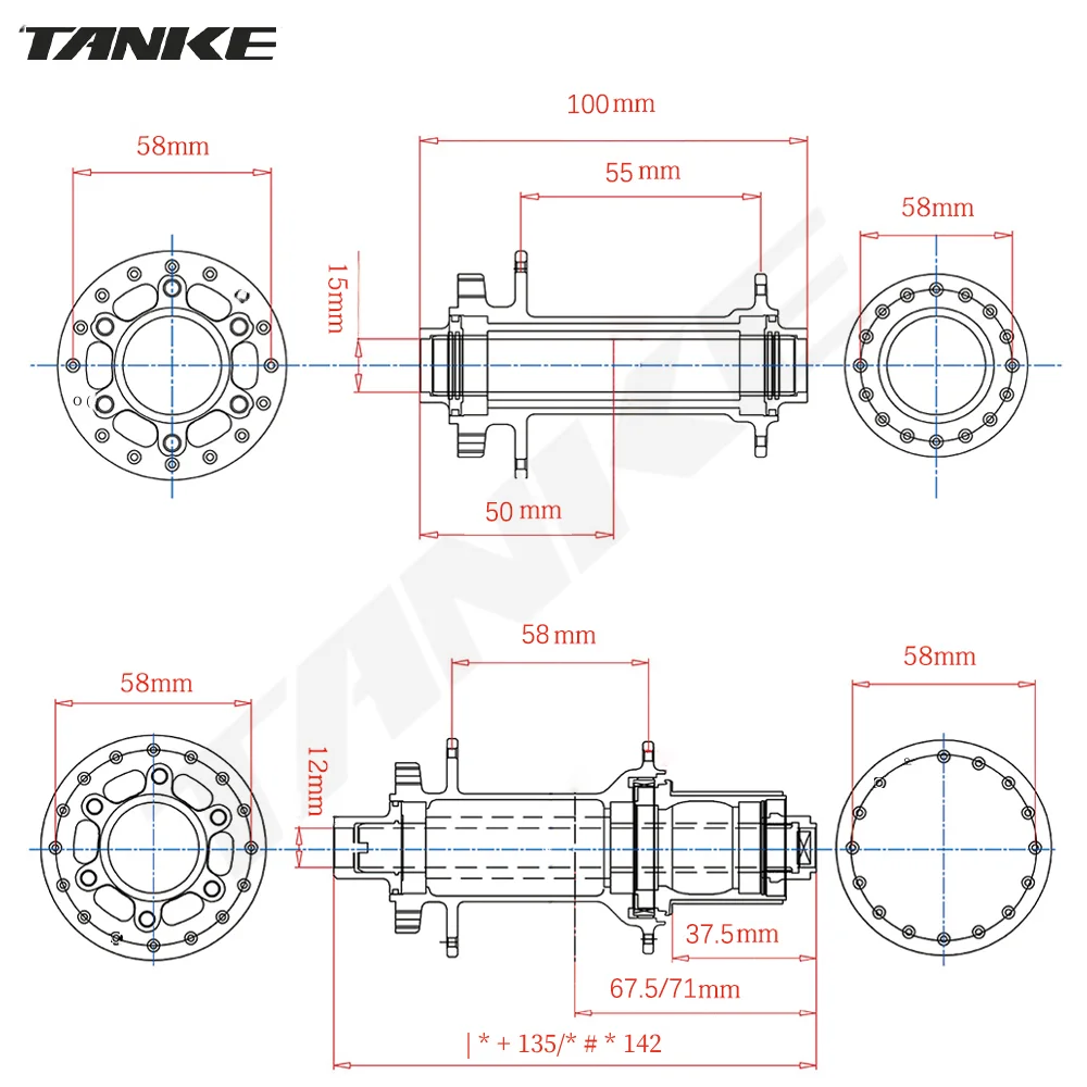 TANKE 120 Click Hub 6 Bearing MTB Mountain Bike Hub Front Rear 28 32 36 Holes QR Thru-axle Exchange Disc Brake Bicycle Hubs HG